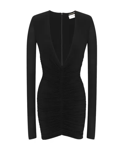 Saint Laurent Ruched V-neck Minidress In Black