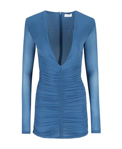 Saint Laurent Ruched V-neck Minidress In Blue