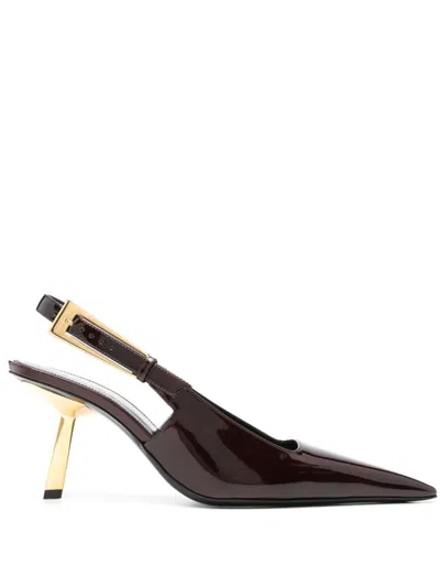 Saint Laurent Lee Embellished Patent-leather Slingback Pumps In Marron Glace