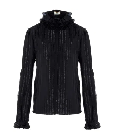 Saint Laurent Ruffle-collar Striped Shirt In Black