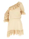 Saint Laurent Beige One-shoulder Dress With Asymmetric Neckline And Poet Sleeves In Silk Woman