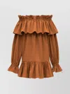 Saint Laurent Brown Ruffle Dress With Bare Shoulders In Cotton Twill Woman