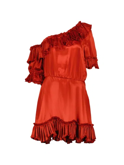 Saint Laurent Ruffled Asymmetric Silk Dress In Red