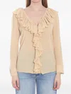 Saint Laurent Beige Ruffled Blouse In Silk Women