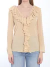 Saint Laurent Beige Blouse With V Neck And Ruffles On Front And Rear In Silk Woman In Brown