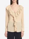 Saint Laurent Beige Blouse With V Neck And Ruffles On Front And Rear In Silk Woman In Brown