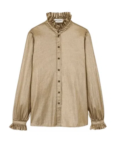 Saint Laurent Ruffled Collar Metallic Blouse In Nude