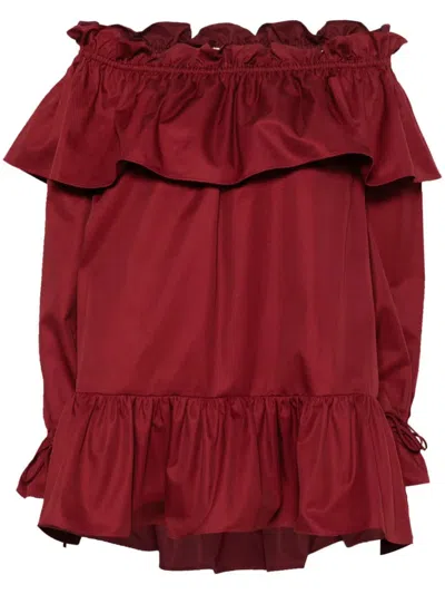 Saint Laurent Off-the-shoulder Ruffled Cotton-twill Mini Dress In Red