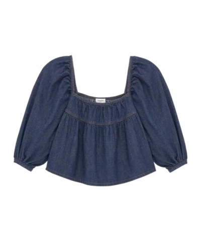 Saint Laurent Ruffled Crop Top In Indigo Denim In Blue