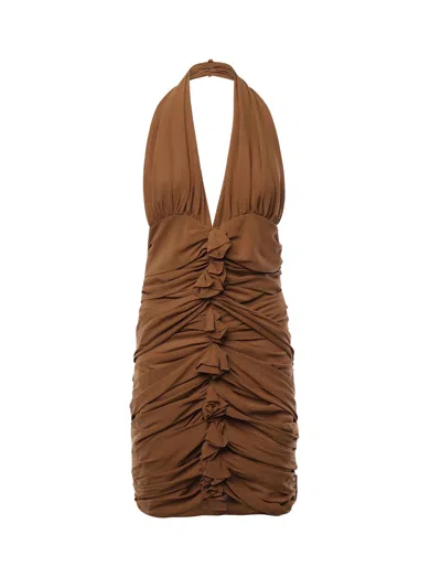 Saint Laurent Ruffled Cupro Dress In Brown