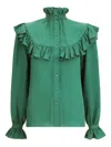 Saint Laurent Ruffled Yoke High-neck Blouse In Green