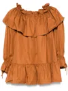 Saint Laurent Brown Ruffle Dress With Bare Shoulders In Cotton Twill Woman In Brown