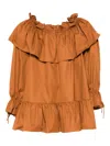 Saint Laurent Brown Ruffle Dress With Bare Shoulders In Cotton Twill Woman