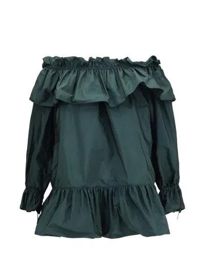 Saint Laurent A-line Mini Dress In Embroidered Cotton Poplin With Ruffles In Green