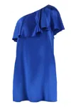 Saint Laurent One-shoulder Ruffle Satin Mini Dress In Blue