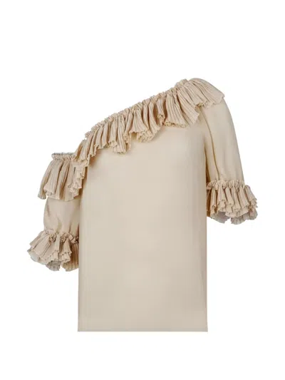 Saint Laurent Ruffled One-shoulder Blouse In Neutral