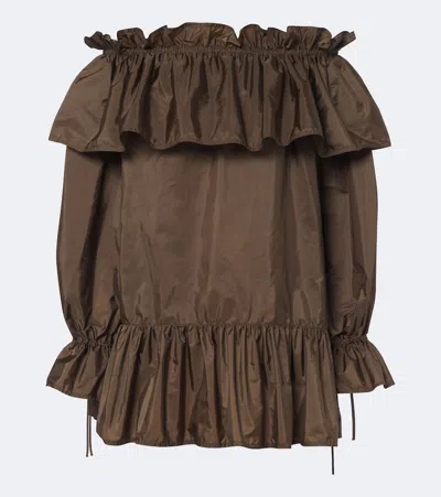 Saint Laurent Ruffled Poplin Minidress In Brown