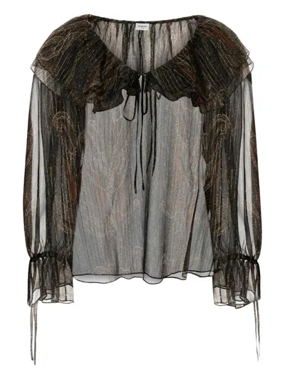 Saint Laurent Ruffled Printed Silk Blouse In Brown
