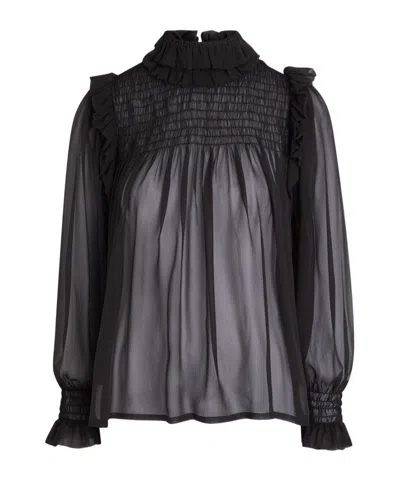 Saint Laurent Ruffled Sheer Silk Blouse In Black