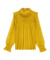 Saint Laurent Silk Blouse With Ruffled Collar And Smocked Detailing In Yellow