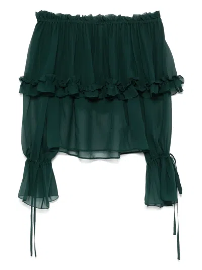 Saint Laurent Off The Shoulder Long Sleeve Top In Green