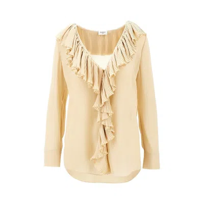 Saint Laurent Ruffled Silk Crepe Blouse In Gold