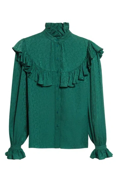 Saint Laurent Ruffled Silk Jacquard Button-up Shirt In Green