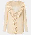Saint Laurent Beige Blouse With V Neck And Ruffles On Front And Rear In Silk Woman In Brown
