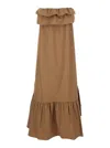 Saint Laurent Beige Long Dress With Bustier Neckline And Ruffled Skirt In Cotton Woman In Beige