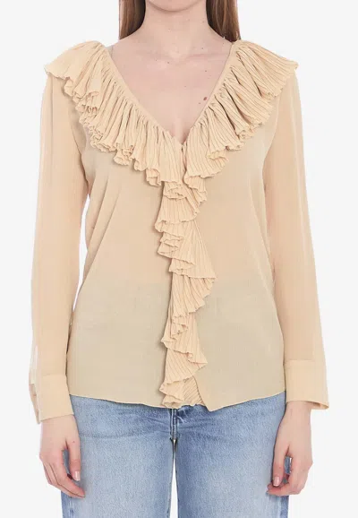 Saint Laurent Ruffled V-neck Blouse In Sand