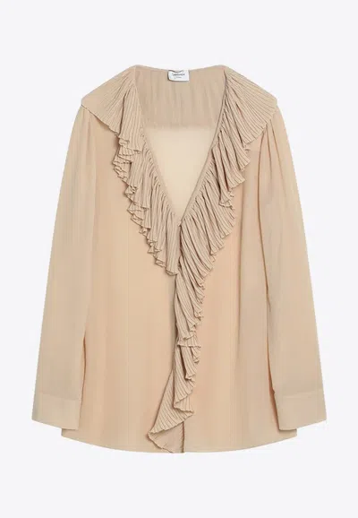 Saint Laurent Ruffles Long-sleeved Blouse In Beige