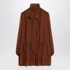 Saint Laurent Rust-colored Lavallière Silk Dress In Brown