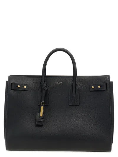 Saint Laurent Leather Handbag With Frontal Logo Print In Black