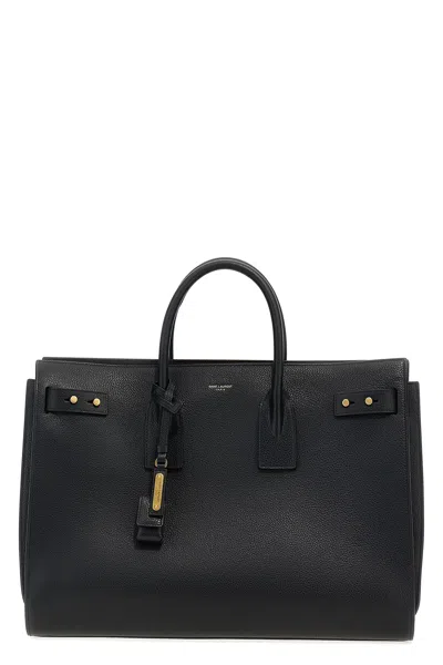Saint Laurent Leather Handbag With Frontal Logo Print In Black