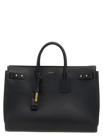 Saint Laurent Leather Handbag With Frontal Logo Print In Black