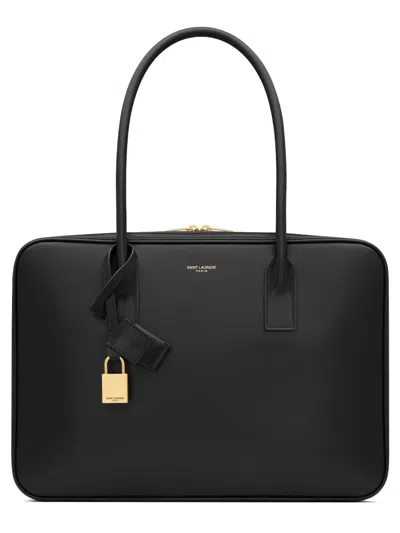 Saint Laurent Sac De Jour In Box Leather Handbag With Metal Padlock Detail In Black