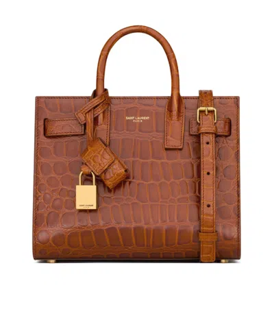 Saint Laurent Nano Sac De Jour Crocodile-effect Leather Tote Bag In Brown
