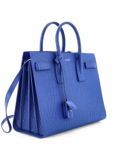 Pre-owned Saint Laurent Sac De Jour Nm Bag Crocodile Embossed Leather Small Satchel In Blue