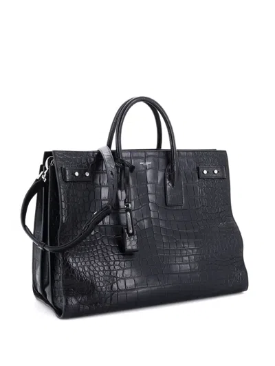 Pre-owned Saint Laurent Sac De Jour Souple Bag Crocodile Embossed Leather Large Tote Bag In Black
