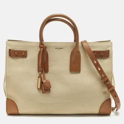 Pre-owned Saint Laurent Sac De Jour Thin Large Tan/natural Canvas And Leather Tote In Brown