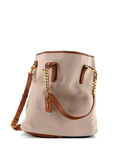 Pre-owned Saint Laurent Sac Shopping Chain Canvas With Leather Medium Tote Bag In Neutral