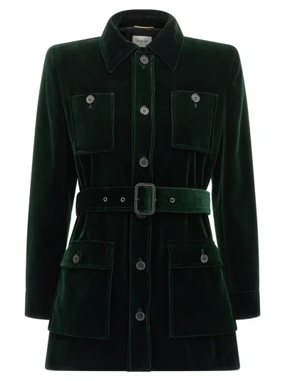 Saint Laurent Saharienne Belted Cotton Velvet Jacket In Black