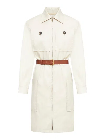 Saint Laurent Saharienne Belted Cotton Dress In Mastic Clair