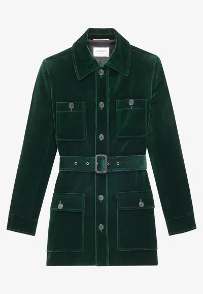 Saint Laurent Saharienne Belted Velvet Jacket In Green