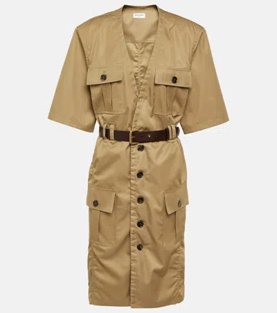 Saint Laurent Cotton Twill Midi Dress In Brown