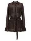 Saint Laurent Biologic Silk Dress With Belt At Waist In Brown