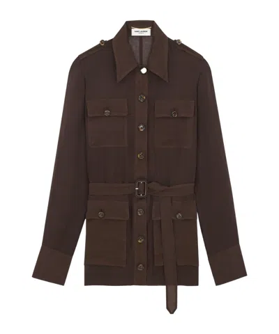 SAINT LAURENT SAINT LAURENT SAHARIENNE BELTED LONG-SLEEVED DRESS