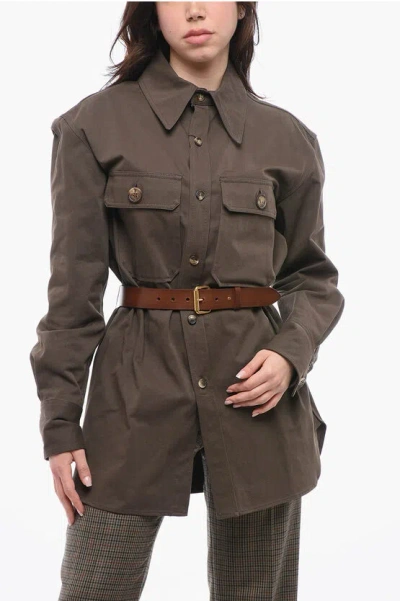 Saint Laurent Saharienne Overshirt With Leather Belt In Green
