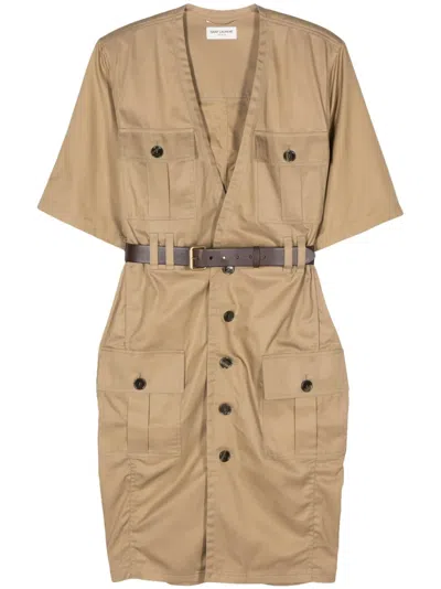 Saint Laurent Cotton Twill Midi Dress In Brown