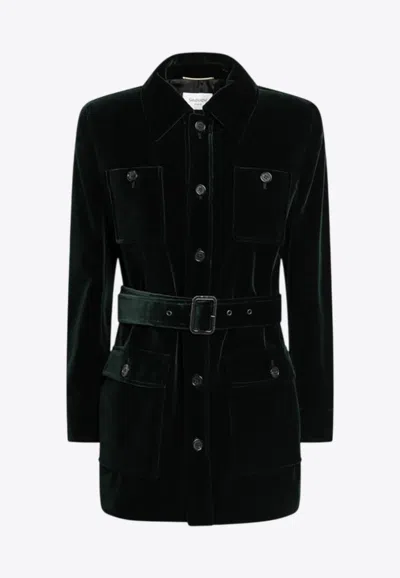 Saint Laurent Saharienne Velvet Tunic Jacket In Green